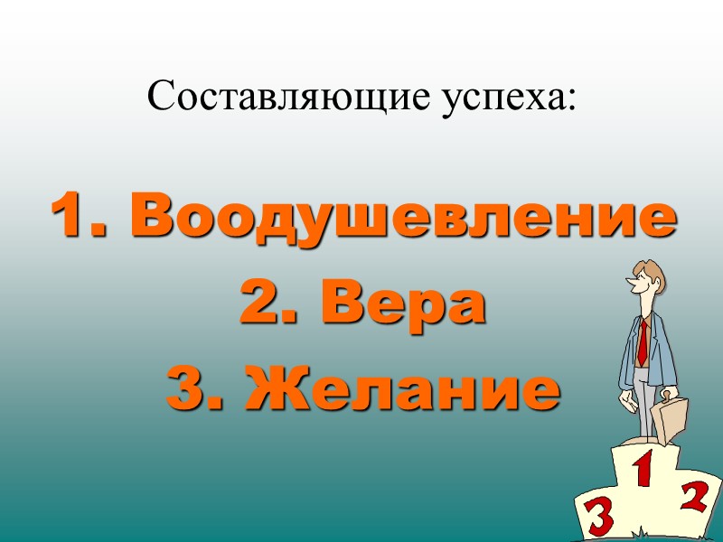 Составляющие успеха:   Воодушевление  Вера  Желание